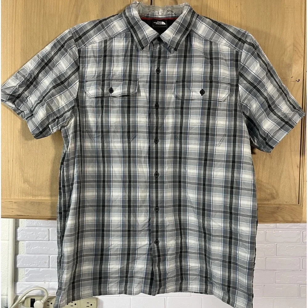 The North Face Plaid Button Down Shirt Mens Medium Grey Blue‎ Hiking